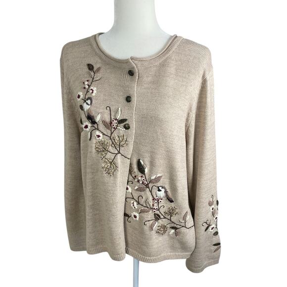 Coldwater Creek Embroidered Button Front Cardigan Sweater Beige Sz Large Holiday - Picture 4 of 14